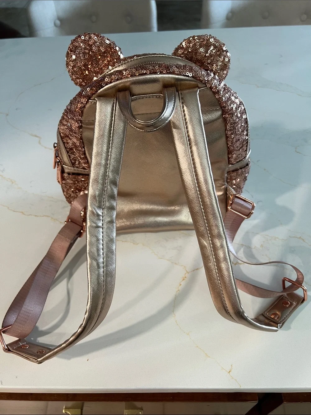 Loungefly Rose Gold Sequin Mini Backpack with Metallic Bow Ears